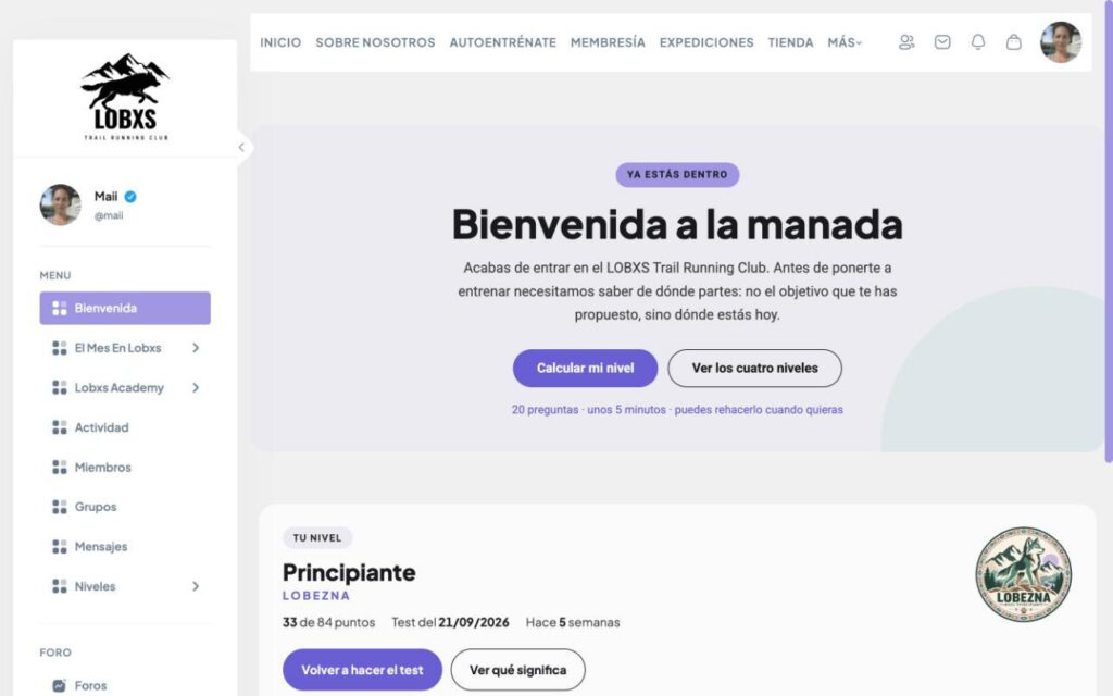 Pantalla de bienvenida del área privada de LOBXS con el nivel de la socia