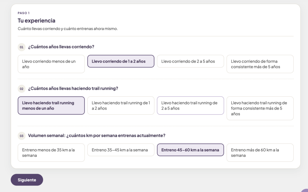 Cuestionario de seguimiento de LOBXS: experiencia y volumen semanal