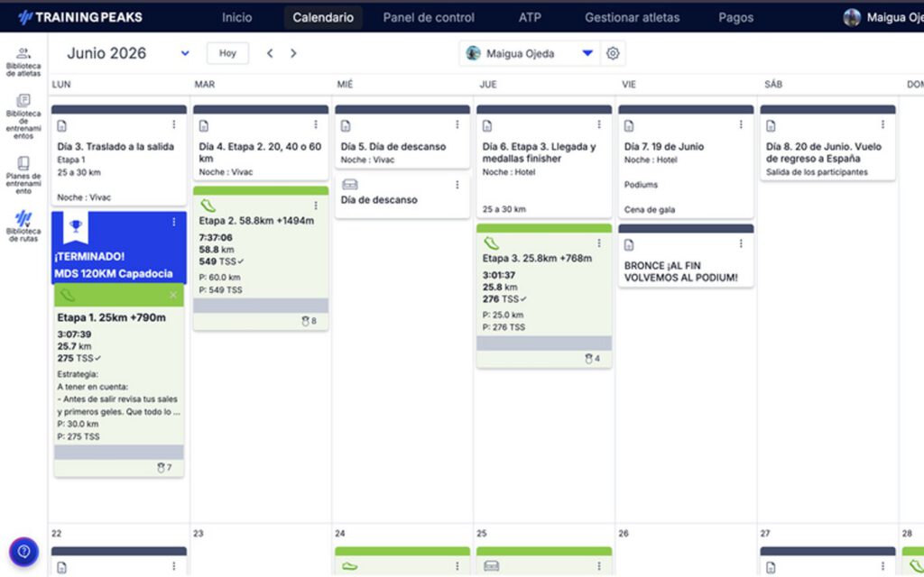 Calendario de TrainingPeaks con las sesiones planificadas de la semana